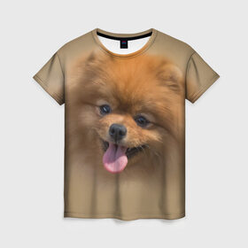 Женская футболка 3D с принтом Шпиц в Белгороде, 100% полиэфир ( синтетическое хлопкоподобное полотно) | прямой крой, круглый вырез горловины, длина до линии бедер | shpic | животные | мордочка | пёс | рыжий | собака | собачка | язык