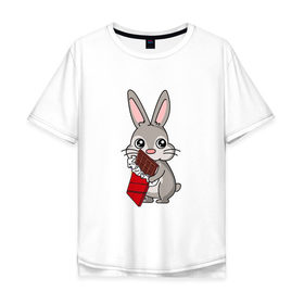 Мужская футболка хлопок Oversize с принтом Любитель шоколада в Белгороде, 100% хлопок | свободный крой, круглый ворот, “спинка” длиннее передней части | животные | заяц | кролик | пасха | шоколад | юмор