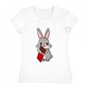 Женская футболка хлопок с принтом Любитель шоколада в Белгороде, 100% хлопок | прямой крой, круглый вырез горловины, длина до линии бедер, слегка спущенное плечо | животные | заяц | кролик | пасха | шоколад | юмор