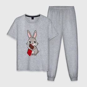 Мужская пижама хлопок с принтом Любитель шоколада в Белгороде, 100% хлопок | брюки и футболка прямого кроя, без карманов, на брюках мягкая резинка на поясе и по низу штанин
 | животные | заяц | кролик | пасха | шоколад | юмор