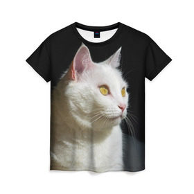 Женская футболка 3D с принтом Белая и пушистая в Белгороде, 100% полиэфир ( синтетическое хлопкоподобное полотно) | прямой крой, круглый вырез горловины, длина до линии бедер | белый | взгляд | глаза | киска | кот | котёнок | кошка | пушистый