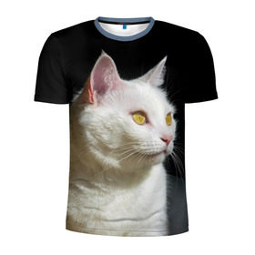 Мужская футболка 3D спортивная с принтом Белая и пушистая в Белгороде, 100% полиэстер с улучшенными характеристиками | приталенный силуэт, круглая горловина, широкие плечи, сужается к линии бедра | Тематика изображения на принте: белый | взгляд | глаза | киска | кот | котёнок | кошка | пушистый
