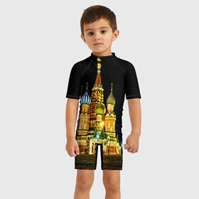 Детский купальный костюм 3D с принтом Москва в Белгороде, Полиэстер 85%, Спандекс 15% | застежка на молнии на спине | kremlin | moscow | russia | город | кремль | москва | ночь | огни | река