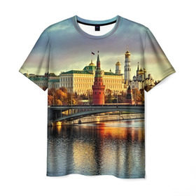 Мужская футболка 3D с принтом Москва река в Белгороде, 100% полиэфир | прямой крой, круглый вырез горловины, длина до линии бедер | Тематика изображения на принте: kremlin | moscow | russia | город | кремль | москва | ночь | огни | река