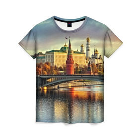 Женская футболка 3D с принтом Москва река в Белгороде, 100% полиэфир ( синтетическое хлопкоподобное полотно) | прямой крой, круглый вырез горловины, длина до линии бедер | kremlin | moscow | russia | город | кремль | москва | ночь | огни | река