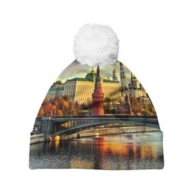 Шапка 3D c помпоном с принтом Москва река в Белгороде, 100% полиэстер | универсальный размер, печать по всей поверхности изделия | kremlin | moscow | russia | город | кремль | москва | ночь | огни | река