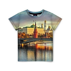 Детская футболка 3D с принтом Москва река в Белгороде, 100% гипоаллергенный полиэфир | прямой крой, круглый вырез горловины, длина до линии бедер, чуть спущенное плечо, ткань немного тянется | Тематика изображения на принте: kremlin | moscow | russia | город | кремль | москва | ночь | огни | река