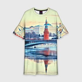 Детское платье 3D с принтом Река Москва в Белгороде, 100% полиэстер | прямой силуэт, чуть расширенный к низу. Круглая горловина, на рукавах — воланы | kremlin | moscow | russia | город | кремль | москва | ночь | огни | река
