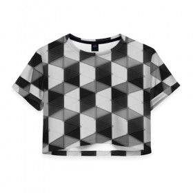 Женская футболка 3D укороченная с принтом Серые треугольники в Белгороде, 100% полиэстер | круглая горловина, длина футболки до линии талии, рукава с отворотами | cell | паттерн | трапеции | ячейка