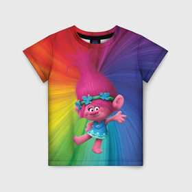 Детская футболка 3D с принтом Розочка тролли в Белгороде, 100% гипоаллергенный полиэфир | прямой крой, круглый вырез горловины, длина до линии бедер, чуть спущенное плечо, ткань немного тянется | trolls | детям | мультик | мультики | мультфильм | мультфильмы | радуга | разноцветные | разные цвета | розочка | тролли | тролль | цветные
