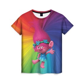 Женская футболка 3D с принтом Розочка тролли в Белгороде, 100% полиэфир ( синтетическое хлопкоподобное полотно) | прямой крой, круглый вырез горловины, длина до линии бедер | Тематика изображения на принте: trolls | детям | мультик | мультики | мультфильм | мультфильмы | радуга | разноцветные | разные цвета | розочка | тролли | тролль | цветные