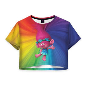 Женская футболка 3D укороченная с принтом Розочка тролли в Белгороде, 100% полиэстер | круглая горловина, длина футболки до линии талии, рукава с отворотами | trolls | детям | мультик | мультики | мультфильм | мультфильмы | радуга | разноцветные | разные цвета | розочка | тролли | тролль | цветные