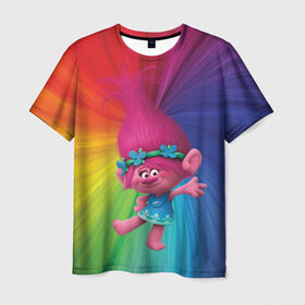 Мужская футболка 3D с принтом Розочка тролли в Белгороде, 100% полиэфир | прямой крой, круглый вырез горловины, длина до линии бедер | trolls | детям | мультик | мультики | мультфильм | мультфильмы | радуга | разноцветные | разные цвета | розочка | тролли | тролль | цветные