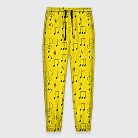 Мужские брюки 3D с принтом Ноты в Белгороде, 100% полиэстер | манжеты по низу, эластичный пояс регулируется шнурком, по бокам два кармана без застежек, внутренняя часть кармана из мелкой сетки | Тематика изображения на принте: желтый | музыка