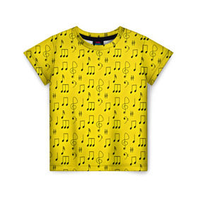 Детская футболка 3D с принтом Ноты в Белгороде, 100% гипоаллергенный полиэфир | прямой крой, круглый вырез горловины, длина до линии бедер, чуть спущенное плечо, ткань немного тянется | желтый | музыка