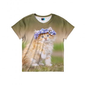 Детская футболка 3D с принтом Веночек в Белгороде, 100% гипоаллергенный полиэфир | прямой крой, круглый вырез горловины, длина до линии бедер, чуть спущенное плечо, ткань немного тянется | василёк | венок | котёнок | кошка | цветок