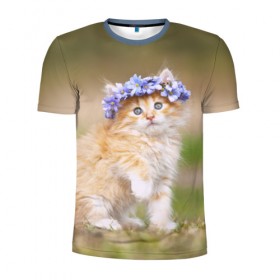 Мужская футболка 3D спортивная с принтом Веночек в Белгороде, 100% полиэстер с улучшенными характеристиками | приталенный силуэт, круглая горловина, широкие плечи, сужается к линии бедра | василёк | венок | котёнок | кошка | цветок
