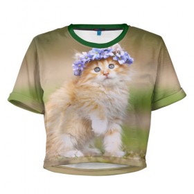 Женская футболка 3D укороченная с принтом Веночек в Белгороде, 100% полиэстер | круглая горловина, длина футболки до линии талии, рукава с отворотами | Тематика изображения на принте: василёк | венок | котёнок | кошка | цветок