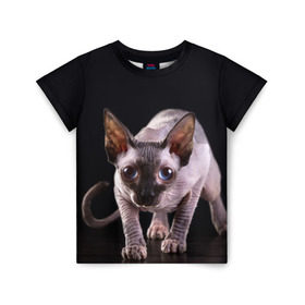 Детская футболка 3D с принтом сфинкс в Белгороде, 100% гипоаллергенный полиэфир | прямой крой, круглый вырез горловины, длина до линии бедер, чуть спущенное плечо, ткань немного тянется | cat | голубые глаза | кот | котик | котэ | кошка | сфинкс | черный