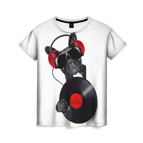 Женская футболка 3D с принтом собака-меломан в Белгороде, 100% полиэфир ( синтетическое хлопкоподобное полотно) | прямой крой, круглый вырез горловины, длина до линии бедер | Тематика изображения на принте: бульдог | красный | музыка | наушники | очки | пластинка | собака | черный