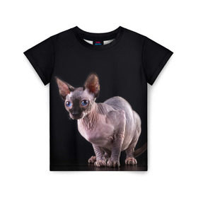 Детская футболка 3D с принтом сфинкс в Белгороде, 100% гипоаллергенный полиэфир | прямой крой, круглый вырез горловины, длина до линии бедер, чуть спущенное плечо, ткань немного тянется | взгляд | голубые глаза | киска | кот | котенок | котик | котэ | серый | сфинкс | черный