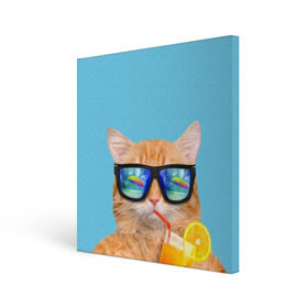 Холст квадратный с принтом котэ на отдыхе в Белгороде, 100% ПВХ |  | кот | котик | лето | море | отдых | очки | пальмы | пляж | рыжий кот | солнце