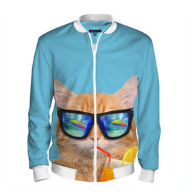Мужской бомбер 3D с принтом котэ на отдыхе в Белгороде, 100% полиэстер | застегивается на молнию, по бокам два кармана без застежек, по низу бомбера и на воротнике - эластичная резинка | кот | котик | лето | море | отдых | очки | пальмы | пляж | рыжий кот | солнце