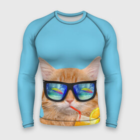 Мужской рашгард 3D с принтом котэ на отдыхе в Белгороде,  |  | Тематика изображения на принте: кот | котик | лето | море | отдых | очки | пальмы | пляж | рыжий кот | солнце