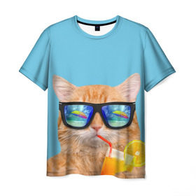 Мужская футболка 3D с принтом котэ на отдыхе в Белгороде, 100% полиэфир | прямой крой, круглый вырез горловины, длина до линии бедер | кот | котик | лето | море | отдых | очки | пальмы | пляж | рыжий кот | солнце