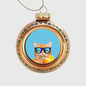 Стеклянный ёлочный шар с принтом котэ на отдыхе в Белгороде, Стекло | Диаметр: 80 мм | кот | котик | лето | море | отдых | очки | пальмы | пляж | рыжий кот | солнце