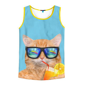 Мужская майка 3D с принтом котэ на отдыхе в Белгороде, 100% полиэстер | круглая горловина, приталенный силуэт, длина до линии бедра. Пройма и горловина окантованы тонкой бейкой | Тематика изображения на принте: кот | котик | лето | море | отдых | очки | пальмы | пляж | рыжий кот | солнце