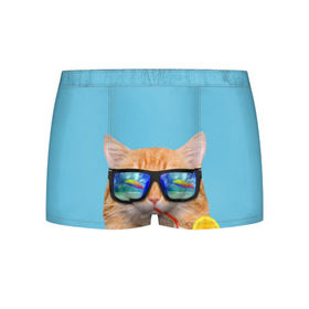 Мужские трусы 3D с принтом котэ на отдыхе в Белгороде, 50% хлопок, 50% полиэстер | классическая посадка, на поясе мягкая тканевая резинка | Тематика изображения на принте: кот | котик | лето | море | отдых | очки | пальмы | пляж | рыжий кот | солнце