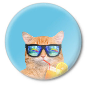 Значок с принтом котэ на отдыхе в Белгороде,  металл | круглая форма, металлическая застежка в виде булавки | кот | котик | лето | море | отдых | очки | пальмы | пляж | рыжий кот | солнце