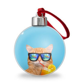 Ёлочный шар с принтом котэ на отдыхе в Белгороде, Пластик | Диаметр: 77 мм | кот | котик | лето | море | отдых | очки | пальмы | пляж | рыжий кот | солнце