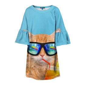Детское платье 3D с принтом котэ на отдыхе в Белгороде, 100% полиэстер | прямой силуэт, чуть расширенный к низу. Круглая горловина, на рукавах — воланы | Тематика изображения на принте: кот | котик | лето | море | отдых | очки | пальмы | пляж | рыжий кот | солнце
