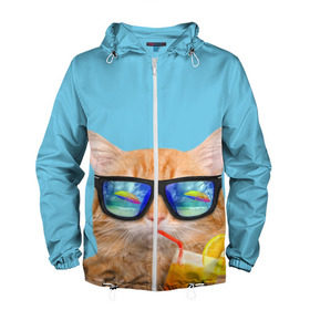 Мужская ветровка 3D с принтом котэ на отдыхе в Белгороде, 100% полиэстер | подол и капюшон оформлены резинкой с фиксаторами, два кармана без застежек по бокам, один потайной карман на груди | Тематика изображения на принте: кот | котик | лето | море | отдых | очки | пальмы | пляж | рыжий кот | солнце