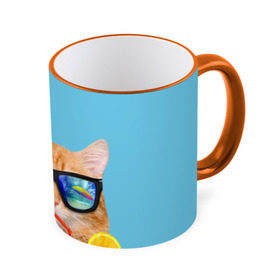 Кружка 3D с принтом котэ на отдыхе в Белгороде, керамика | ёмкость 330 мл | Тематика изображения на принте: кот | котик | лето | море | отдых | очки | пальмы | пляж | рыжий кот | солнце