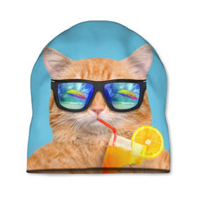 Шапка 3D с принтом котэ на отдыхе в Белгороде, 100% полиэстер | универсальный размер, печать по всей поверхности изделия | кот | котик | лето | море | отдых | очки | пальмы | пляж | рыжий кот | солнце