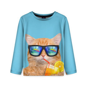 Детский лонгслив 3D с принтом котэ на отдыхе в Белгороде, 100% полиэстер | длинные рукава, круглый вырез горловины, полуприлегающий силуэт
 | Тематика изображения на принте: кот | котик | лето | море | отдых | очки | пальмы | пляж | рыжий кот | солнце