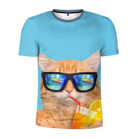 Мужская футболка 3D спортивная с принтом котэ на отдыхе в Белгороде, 100% полиэстер с улучшенными характеристиками | приталенный силуэт, круглая горловина, широкие плечи, сужается к линии бедра | Тематика изображения на принте: кот | котик | лето | море | отдых | очки | пальмы | пляж | рыжий кот | солнце