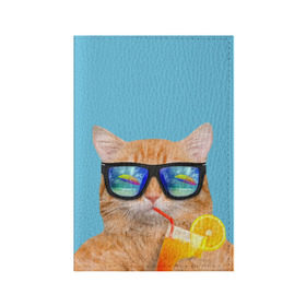 Обложка для паспорта матовая кожа с принтом котэ на отдыхе в Белгороде, натуральная матовая кожа | размер 19,3 х 13,7 см; прозрачные пластиковые крепления | кот | котик | лето | море | отдых | очки | пальмы | пляж | рыжий кот | солнце
