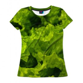 Женская футболка 3D с принтом Зелень в Белгороде, 100% полиэфир ( синтетическое хлопкоподобное полотно) | прямой крой, круглый вырез горловины, длина до линии бедер | веган | зеленый | зелень | лето | овощи | салат | солнце | фрукты
