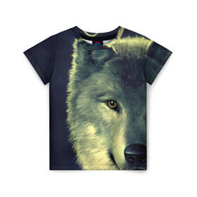Детская футболка 3D с принтом Серый волк в Белгороде, 100% гипоаллергенный полиэфир | прямой крой, круглый вырез горловины, длина до линии бедер, чуть спущенное плечо, ткань немного тянется | аука | бирюк | волк | волчара | волчица | волчок | глаза | животное | животные | зверь | зеленые | койот | млекопитающее | нос | санитар леса | серый | уши | фауна | фон | хищник | черный | шакал | шерсть