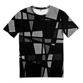 Мужская футболка 3D с принтом Geometry figure в Белгороде, 100% полиэфир | прямой крой, круглый вырез горловины, длина до линии бедер | бумага | геометрия | грани | изгиб | линии | полигоны | полосы | постель | серый | сочетания | текстура | треугольники | черный