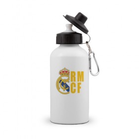 Бутылка спортивная с принтом Real Madrid - RM/CF в Белгороде, металл | емкость — 500 мл, в комплекте две пластиковые крышки и карабин для крепления | 