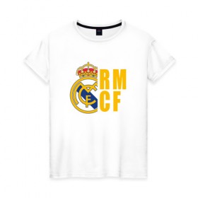 Женская футболка хлопок с принтом Real Madrid - RM/CF в Белгороде, 100% хлопок | прямой крой, круглый вырез горловины, длина до линии бедер, слегка спущенное плечо | 