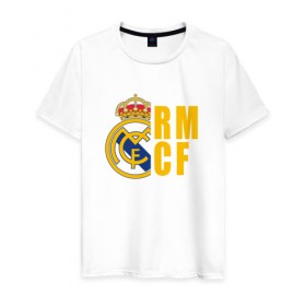 Мужская футболка хлопок с принтом Real Madrid - RM/CF в Белгороде, 100% хлопок | прямой крой, круглый вырез горловины, длина до линии бедер, слегка спущенное плечо. | 