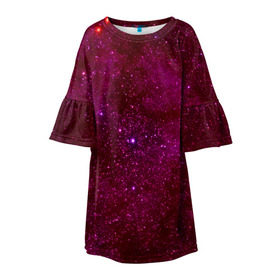 Детское платье 3D с принтом Розовые звёзды в Белгороде, 100% полиэстер | прямой силуэт, чуть расширенный к низу. Круглая горловина, на рукавах — воланы | nebula | звезды | созвездие | туманность