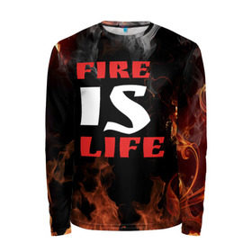 Мужской лонгслив 3D с принтом Fire is life (Огонь это жизнь) в Белгороде, 100% полиэстер | длинные рукава, круглый вырез горловины, полуприлегающий силуэт | fire | is | life | алфавит | английский | большие | буквы | горит | жар | клевая | надпись | огонь | огонь это жизнь | пламя | пожар | полымя | прикольная | пыл | свет | слово | цитата