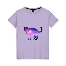 Женская футболка хлопок с принтом Cat galaxy в Белгороде, 100% хлопок | прямой крой, круглый вырез горловины, длина до линии бедер, слегка спущенное плечо | космос | кошка | силуэт